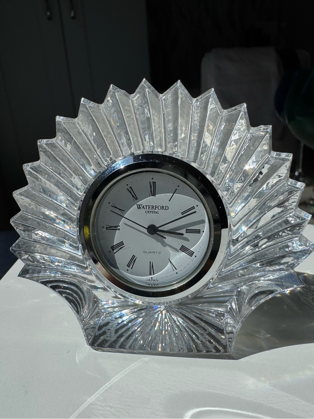 Waterford Crystal Sunburst Quartz Desk Mantel Clock Irish Cut Crystal Roman